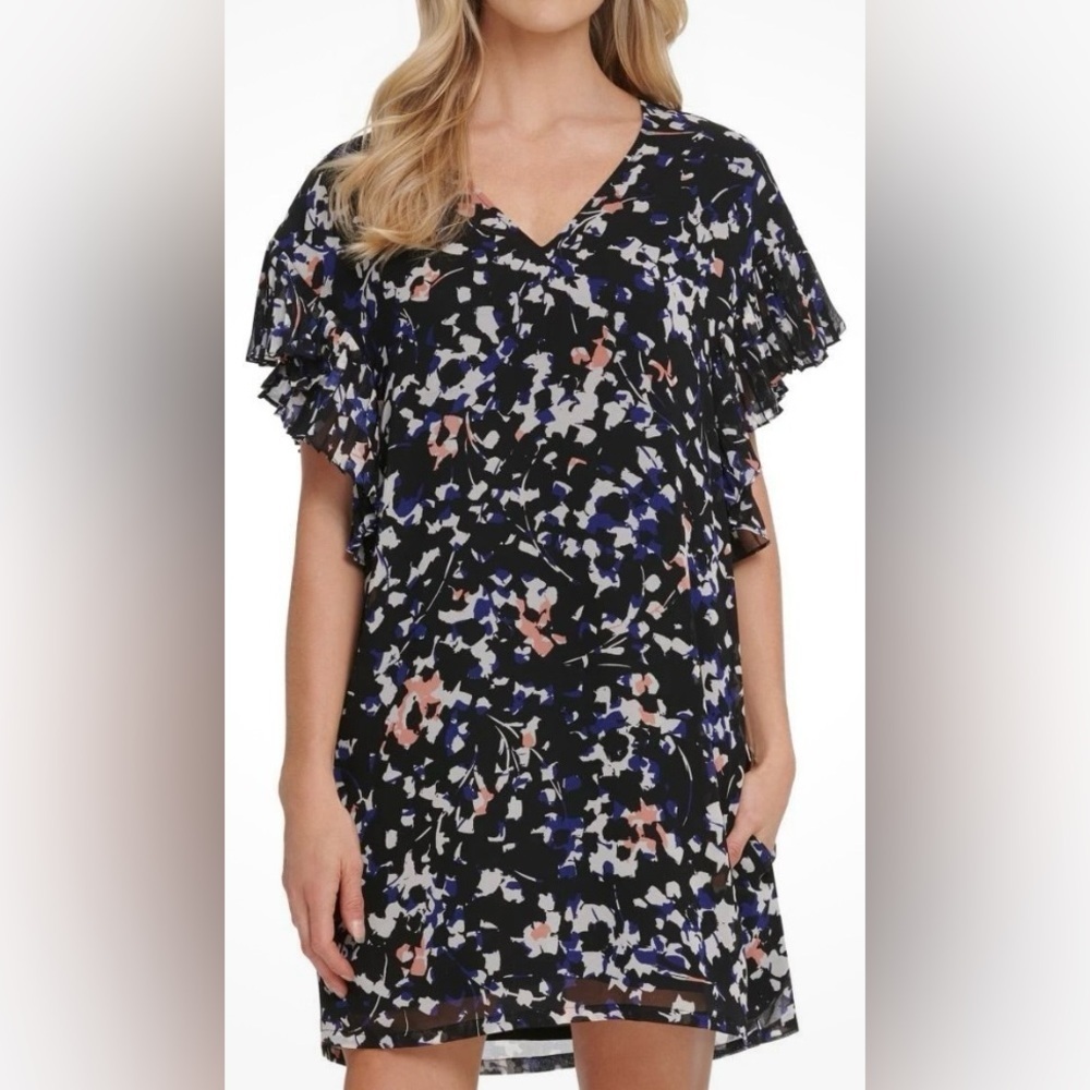 NWT DKNY Floral Flutter Sleeve Shift Dress Large Black Blue V-Neck Wedding Guest